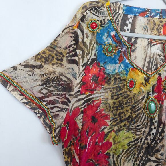 Chicos Tunic Top Mix Print Silk Beaded Women 14 Colorful Sheer Artsy Boho Whimsy - Picture 7 of 12